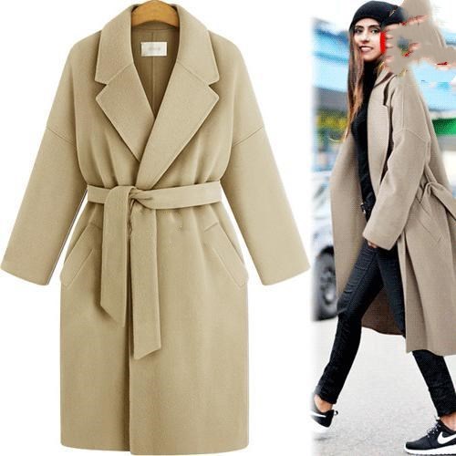 European and American winter new style plus size women's pure color lace-up windbreaker loose coat long woolen coat women