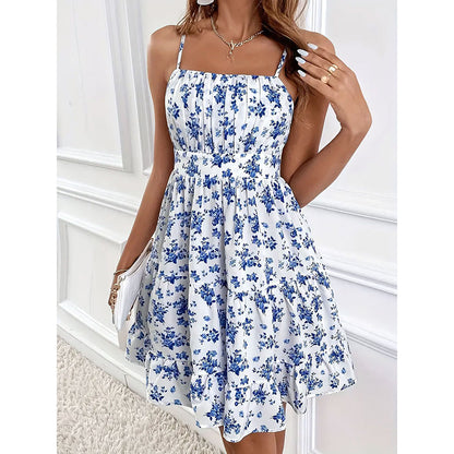 Womens Summer Floral Print Smocked Mini Dress Sleeveless Spaghetti Strap Slim Fit Flowy Dresses