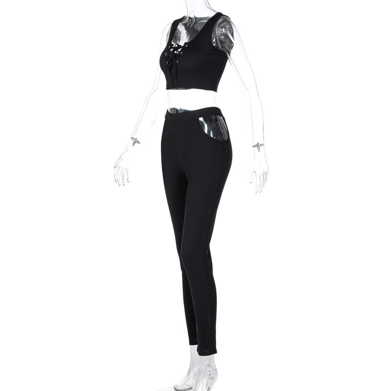 Ladies Collar Off Shoulder Vest Cutout Trousers Suit