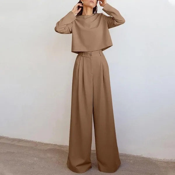 Loose-fitting Solid Color Long Sleeves Casual Two-piece Suit Wide Leg Pants Suit