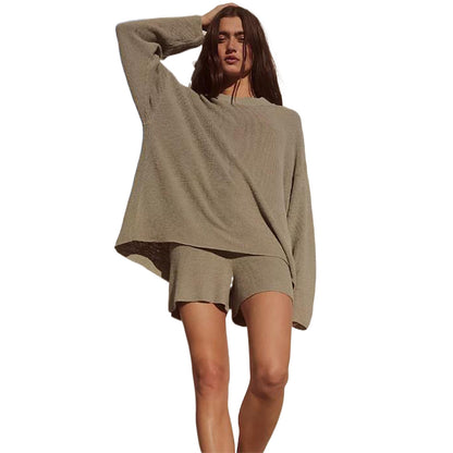 Casual Multicolor Long Sleeve Shorts Knitting Suit