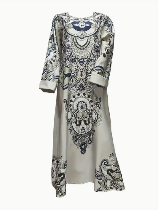 Elegant Floral Print Long Sleeve Abaya Dress