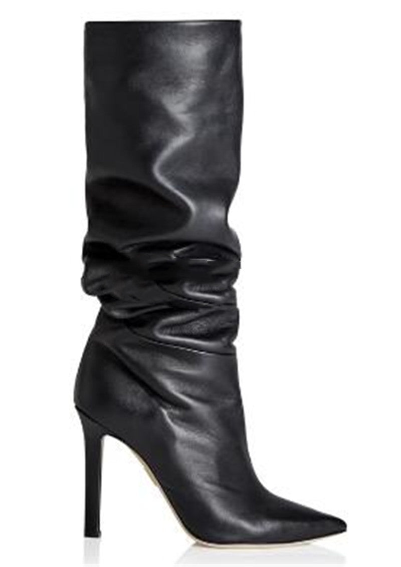 Solid Color Lychee Pattern Wedge Heel Sexy Pointed Toe Over The Knee Fashionable High-top Boots
