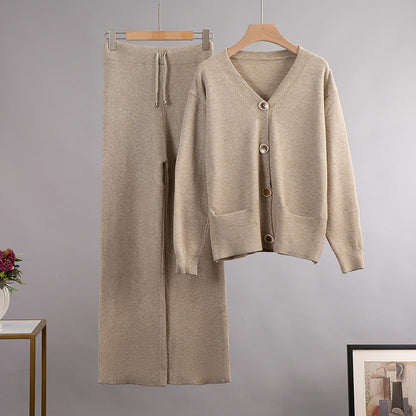 V-neck Cardigan Sweater Wide-leg Pants Suit