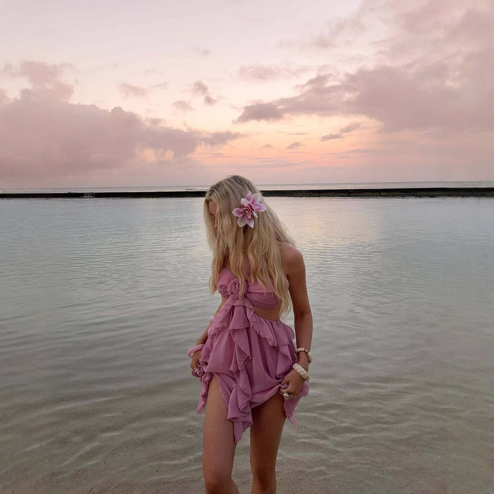 3D Corsage Lace Fashion Pleated Strapless Dress