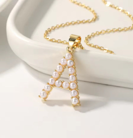 Personalized Initial Pendant With Initial Pearl Necklace Gold Monogram