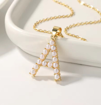 Personalized Initial Pendant With Initial Pearl Necklace Gold Monogram