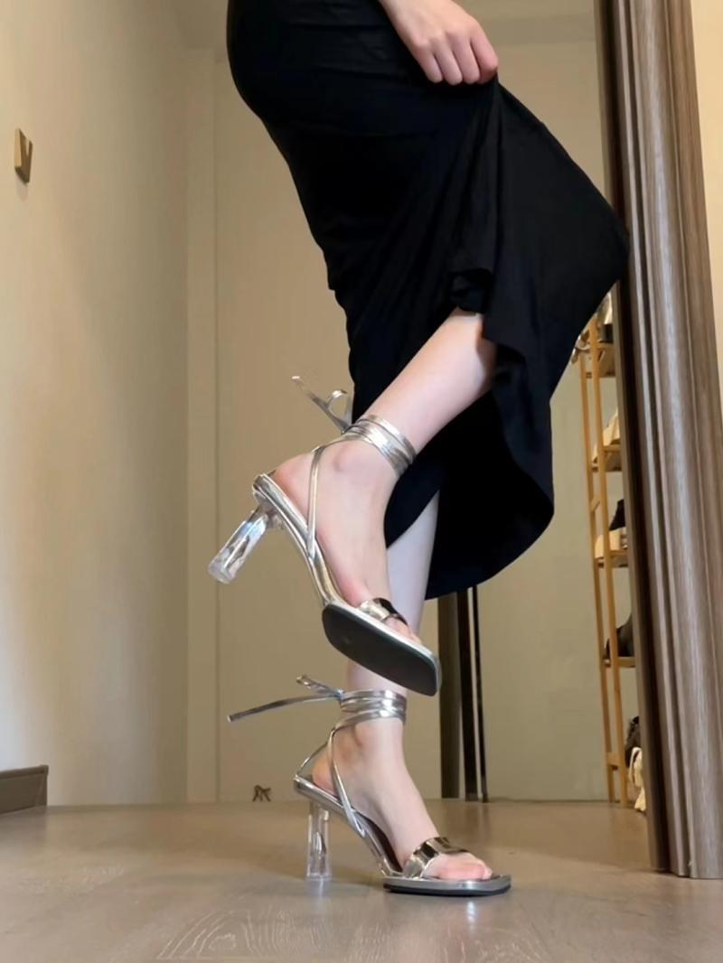 Niche Design Silver High Heels Transparent Stiletto Heel Roman Strap Elegant Sandals