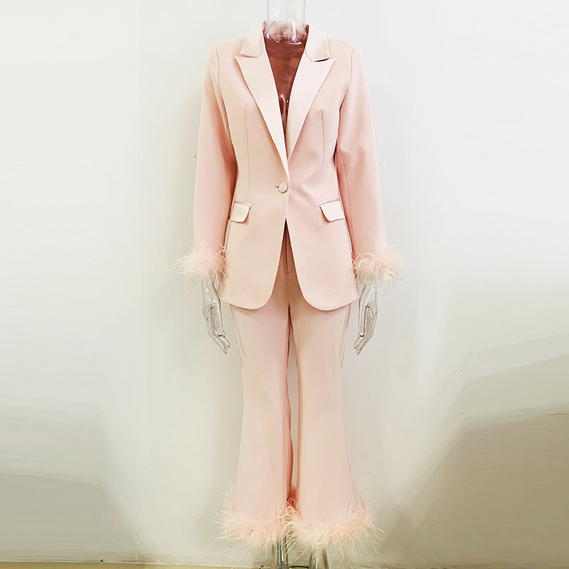 True Feathers Ostrich Fur Blazer Cropped Pants Set Two-piece Suit