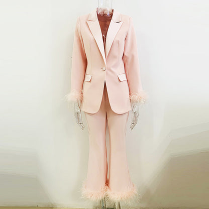 True Feathers Ostrich Fur Blazer Cropped Pants Set Two-piece Suit