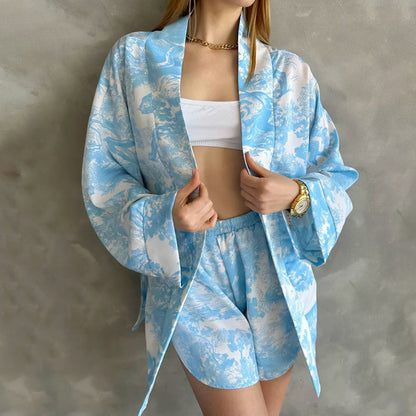Comfortable Blue Soft Printed Long Sleeve Shorts Pajamas Suit
