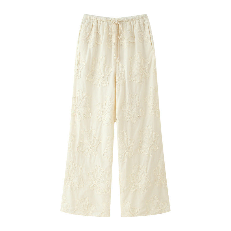 Embroidered Pajamas Style Top Pants Suit