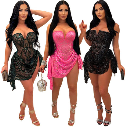 European And American Sexy V-neck Tube Top See-through Sequins Dress Women