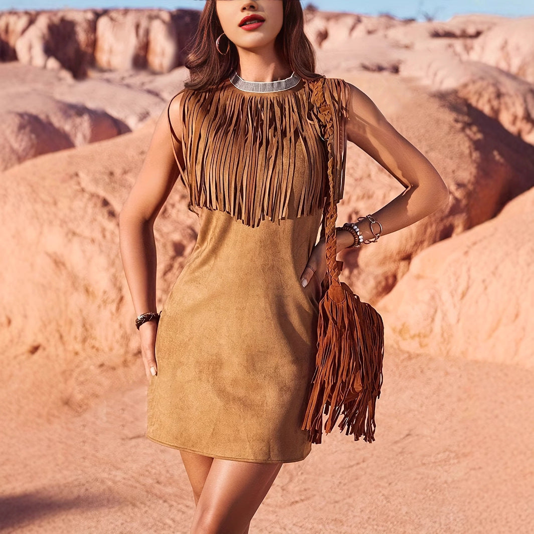 Summer Western Clothing Women's Clothing Bohemian Suede Fringe Wide Vest Dress