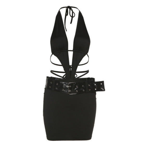 HTH 6006B Lace-up Halter Halter Sexy Belted Dress