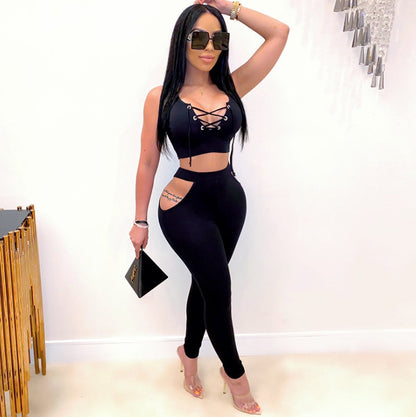 Ladies Collar Off Shoulder Vest Cutout Trousers Suit