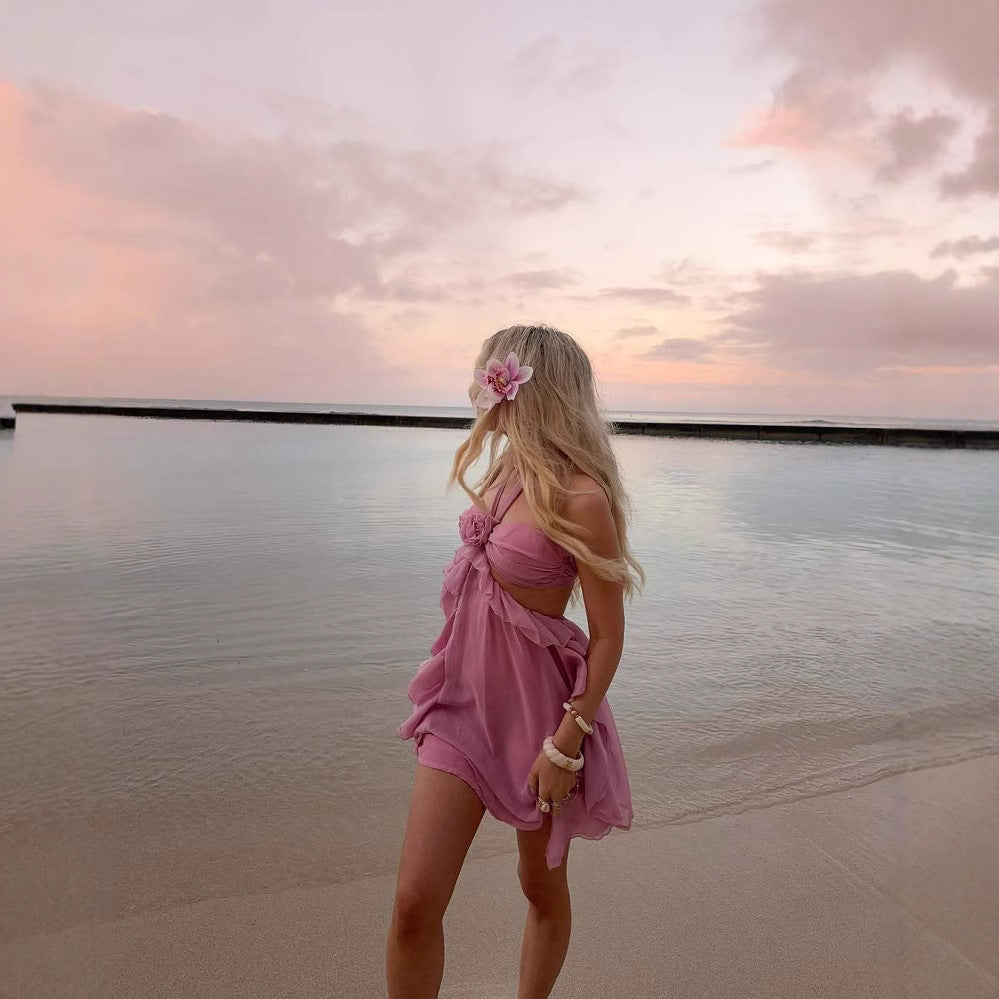 3D Corsage Lace Fashion Pleated Strapless Dress