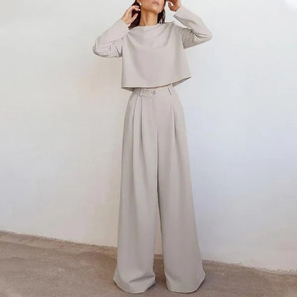Loose-fitting Solid Color Long Sleeves Casual Two-piece Suit Wide Leg Pants Suit