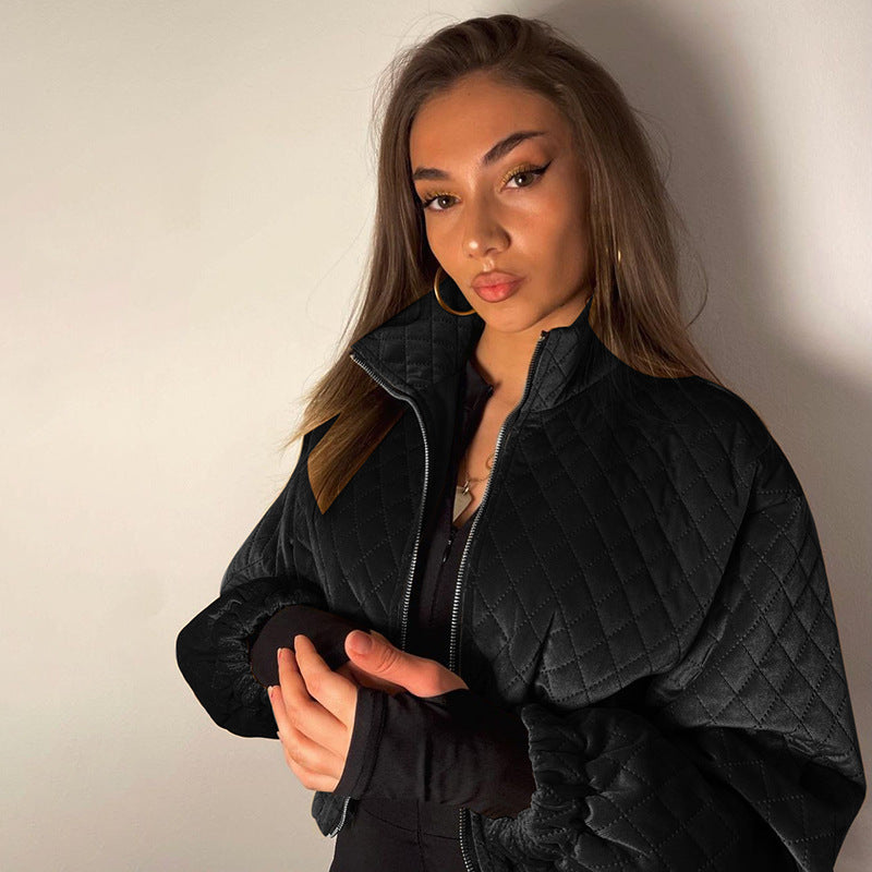 Diamond Plaid Stand Collar Zipper Short Jacket Temperament