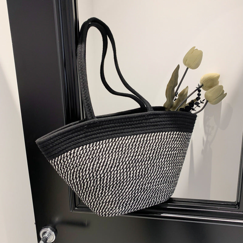 Spring Contrast Color Straw Bag Large Capacity