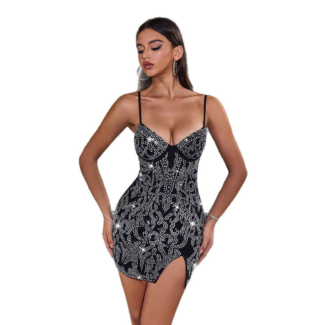 Sexy Strappy Low-cut Rhinestone Mini Dress