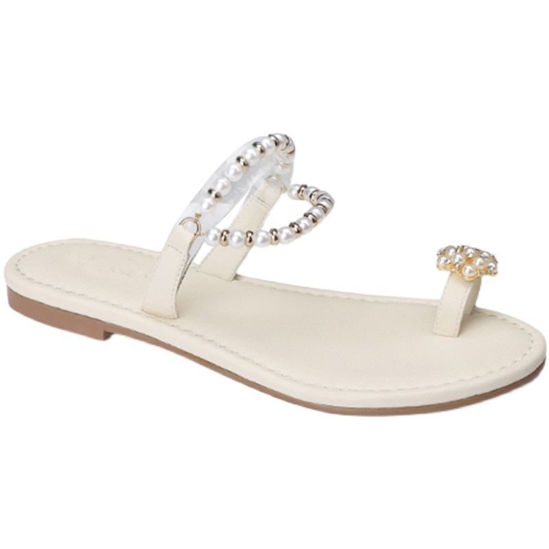 French Pearl Style Slippers Female Summer Outdoor Slippers Toe Gentle Beach Flat