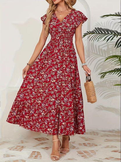 Fashion Floral Long Sleeve Waist Swing Dress