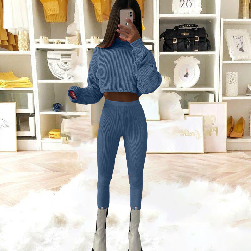 High-neck Long-sleeve High-waist Solid Color Wool Pants Suit