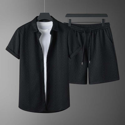 Men's Diamond Patterned Short Sleeved Shirt And Shorts Set