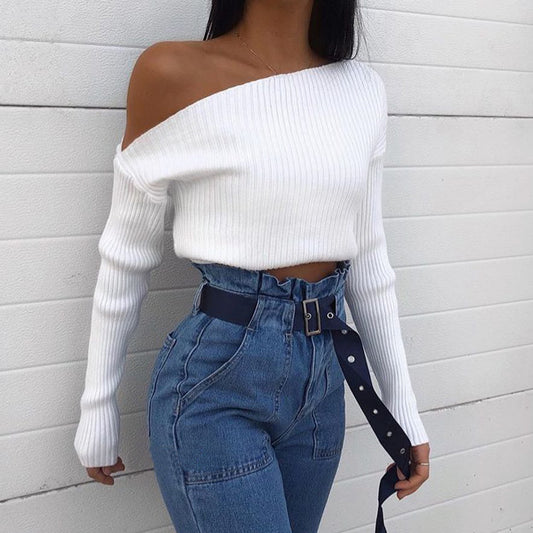 Ladies white slanted shoulder long sleeve top