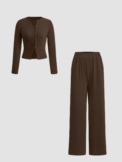 Casual Slim-fit Buttoned Long Sleeve Wide Leg Pants Suit