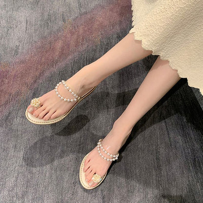 French Pearl Style Slippers Female Summer Outdoor Slippers Toe Gentle Beach Flat