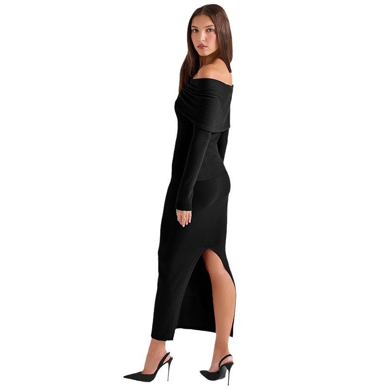 Women's Off-shoulder Collar Long Sleeve Off-shoulder Split Dress