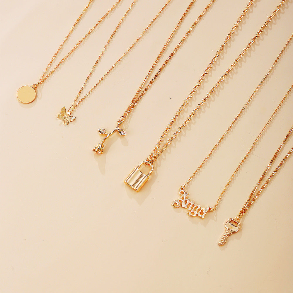 fashion jewelry Multi-layer Creative Simple Lock Rose Pendant Necklace Suit