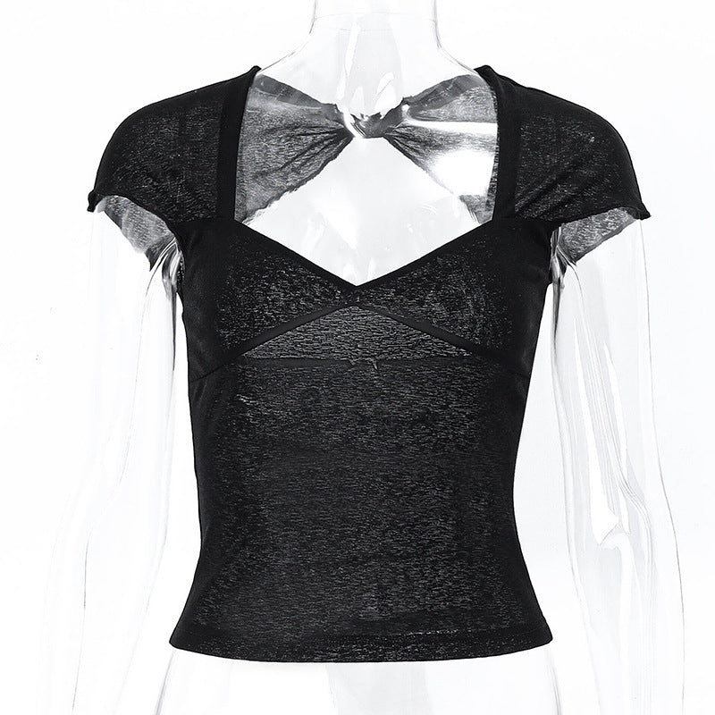 V-neck Back Irregular Slim Short Sleeve T-shirt For Women