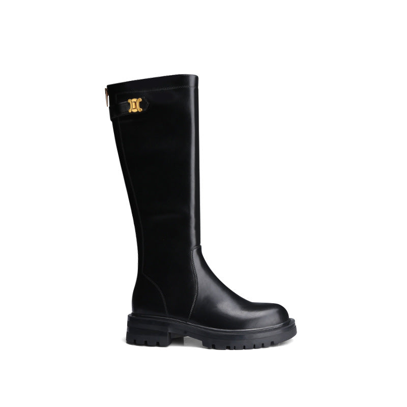 Gold Buckle Plus Velvet Thick Round Toe Thick-soled Thick Heel Long High Barrel Knight Boots
