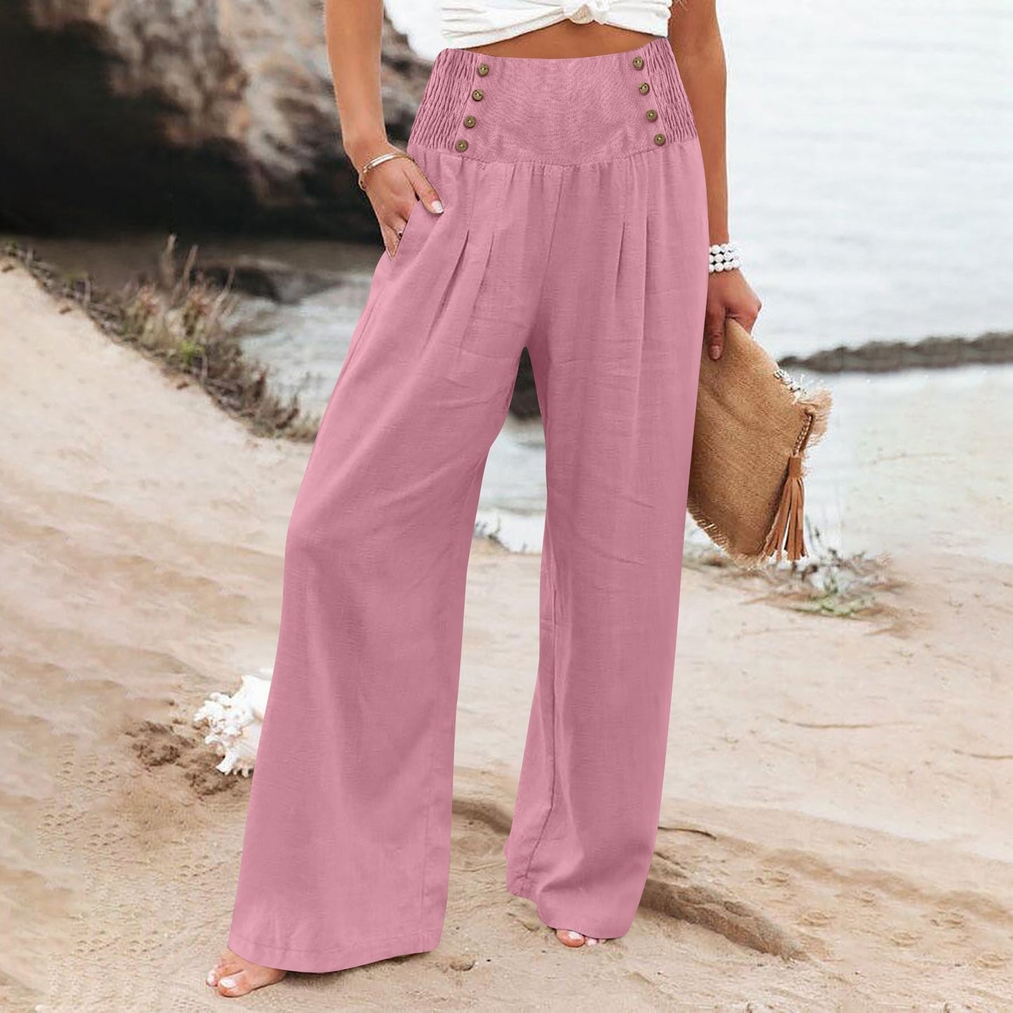 Spring And Summer Casual Elastic Waist High Waisted Women's Wide Leg Cotton Linen Loose Pants
