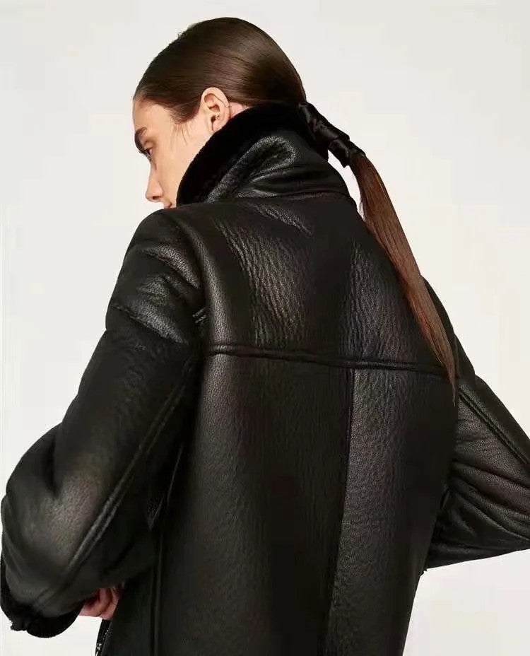 Casual Simple Oblique Zipper PU Plus Velvet Jacket