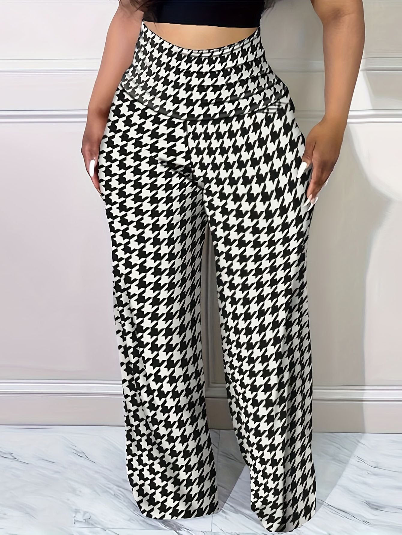 Plus Size Bird Check Comfortable Loose Women's Straight Leg Pants