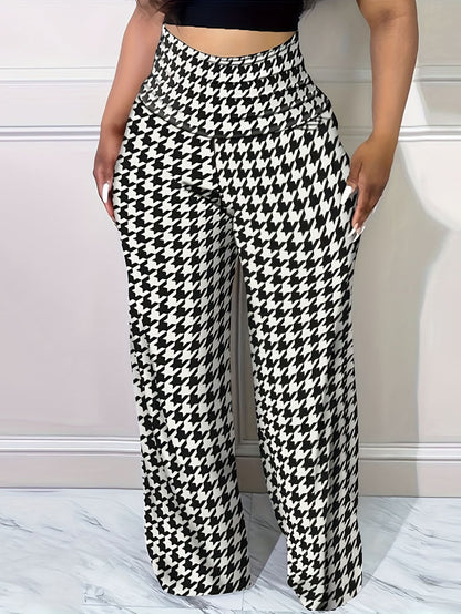 Plus Size Bird Check Comfortable Loose Women's Straight Leg Pants