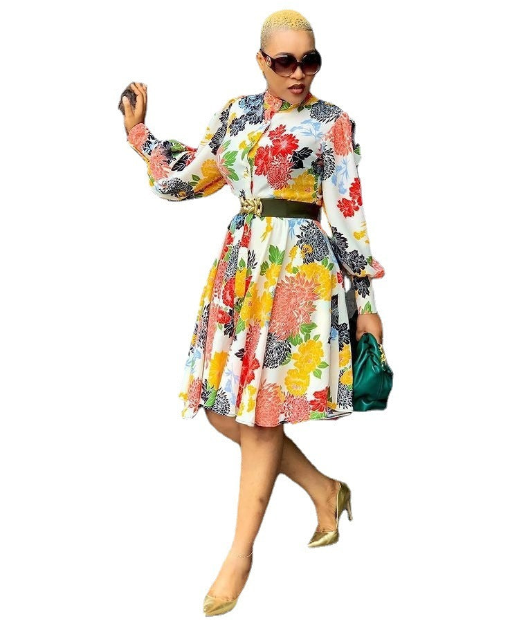 European And American Dresses Mid-length Pullover Long-sleeve Printed Slim Fit