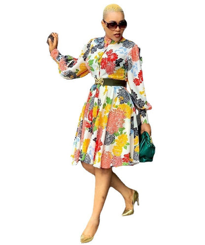 European And American Dresses Mid-length Pullover Long-sleeve Printed Slim Fit