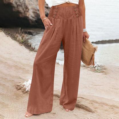 Spring And Summer Casual Elastic Waist High Waisted Women's Wide Leg Cotton Linen Loose Pants