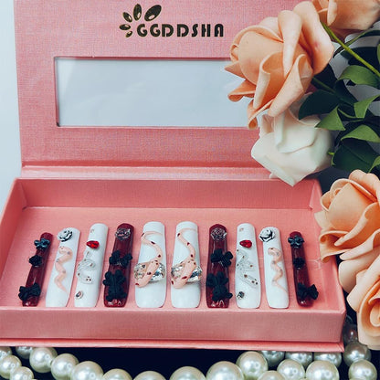 GGddsha Long Handmade PMMA Acrylic Press On Nails WithRhinestone Snake Rose Design, Dark Bear Nails,Reusable Fake Nails W Box, Gift For Women,Scarlet Serpentine
