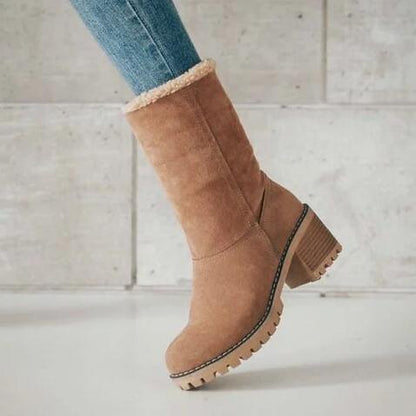 Suede Ankle Boots Adjustable Foldable Mid-Calf Boot Winter Flock Square Heels Shoes Fashion Plush Warm Platform Non-Slip Shoes