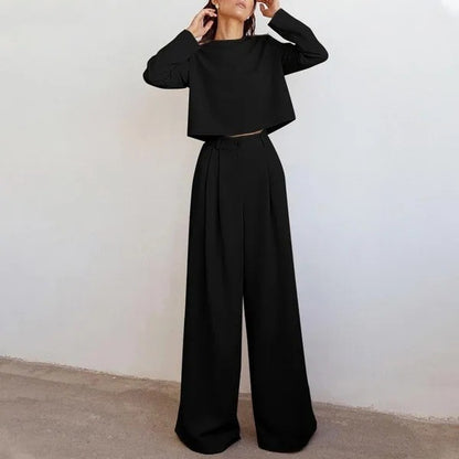 Loose-fitting Solid Color Long Sleeves Casual Two-piece Suit Wide Leg Pants Suit