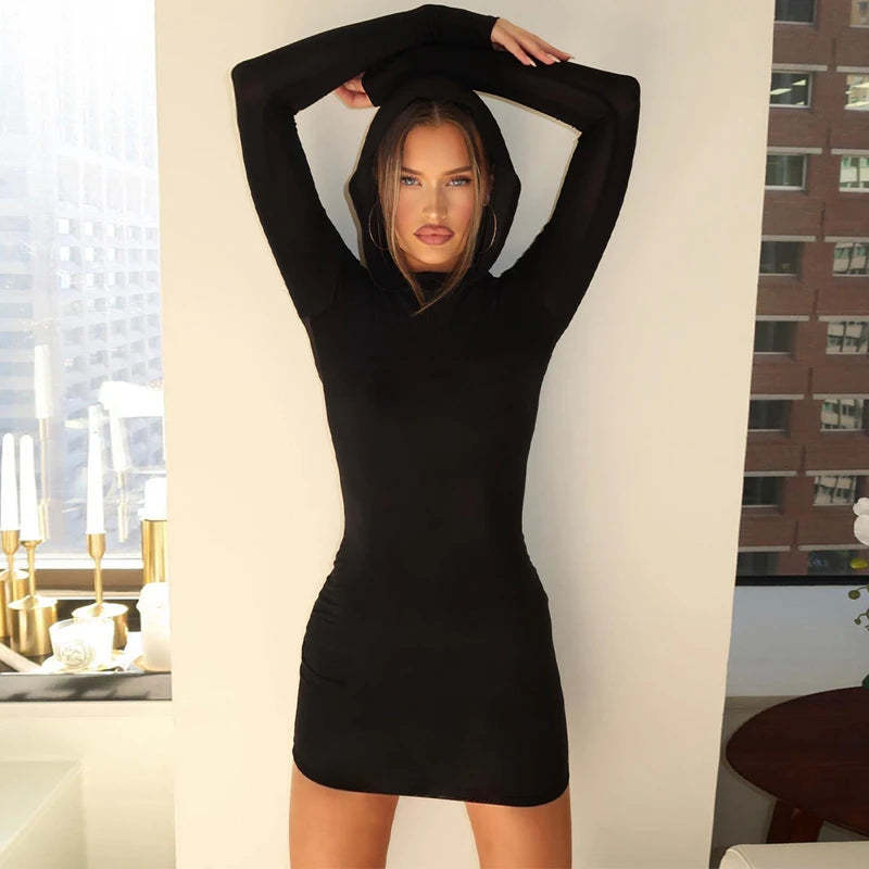 Short Skirt Women's Solid Color Long Sleeve Hooded Dress