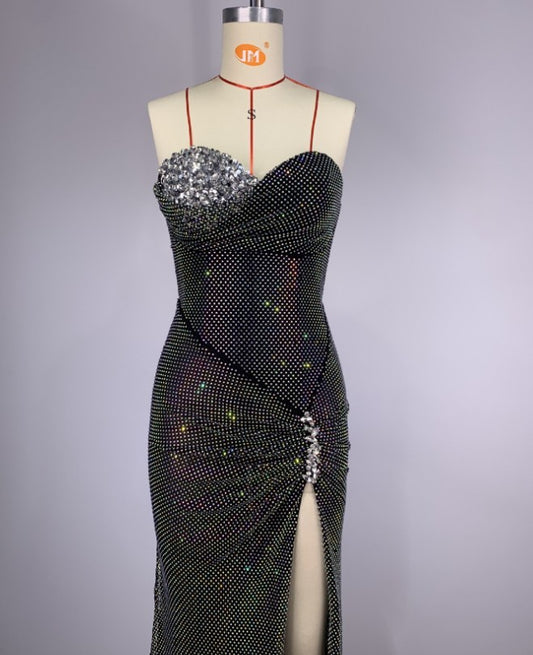 Tube Top Bright Sequin Mesh Rhinestone Handmade Fishbone Slim Dress