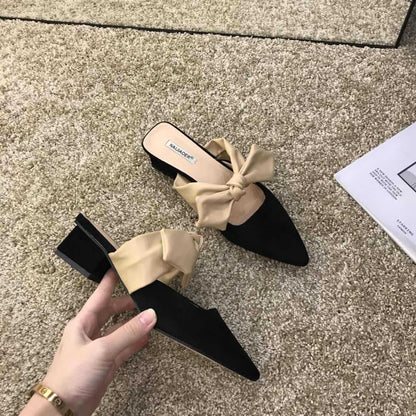 Bow-knot Baotou Mid-heel Half-drag Thick Heel Slippers