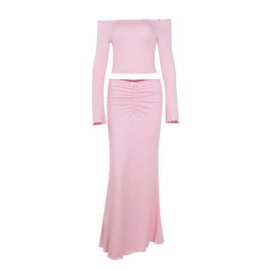 Off-shoulder Top Mid-length Dress Set Women